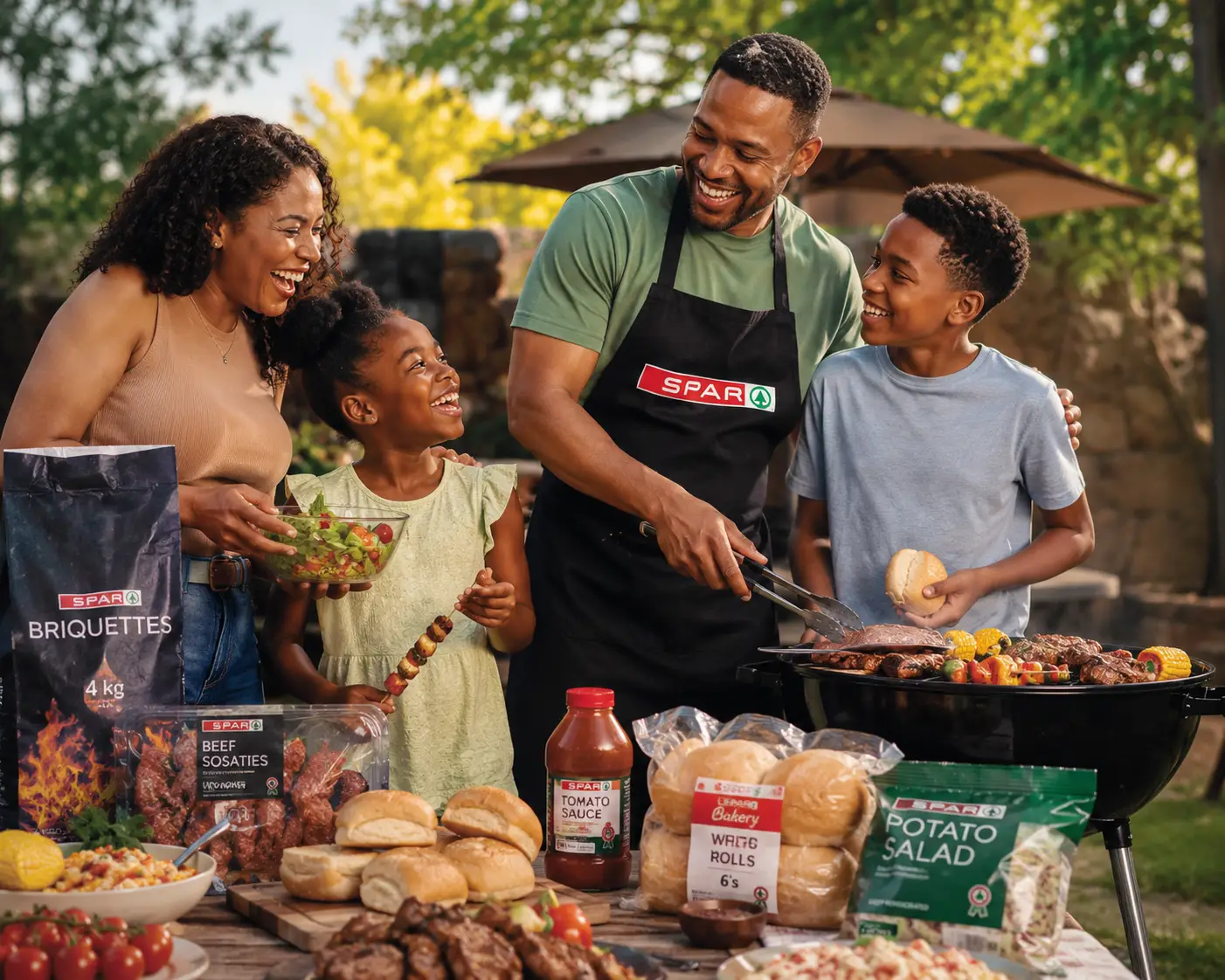 Happy family enjoying a backyard barbecue with SPAR products, grilled meat, fresh rolls, salads, and outdoor summer dining